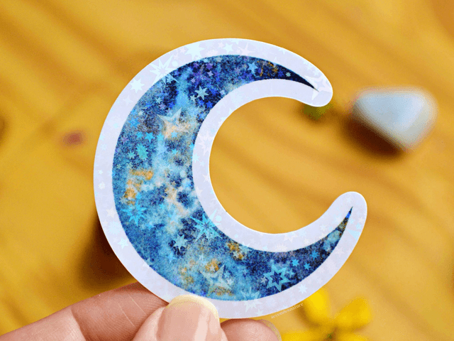 Stickers Lune bleue à l'aquarelle holographique